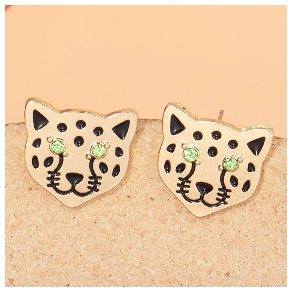 Leopard Cheetah Face 304 Stainless Steel Stud Earrings in Gold, 11x12MM
